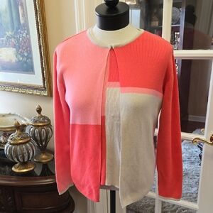 AMBRA Elegant Coral Pink Tan Sweater Set Colorblock Long Sleeve Cotton sz PS EUC